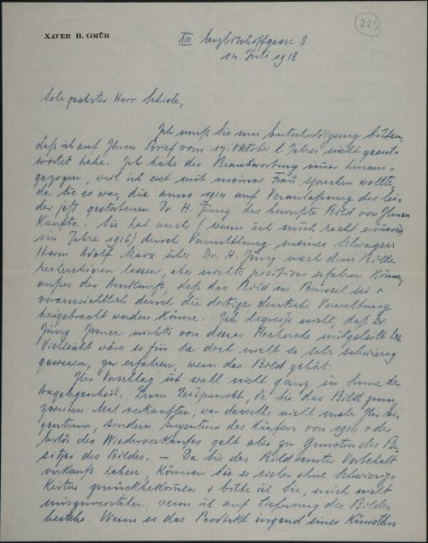 Brief von Xaver B. Gmür an Egon Schiele 