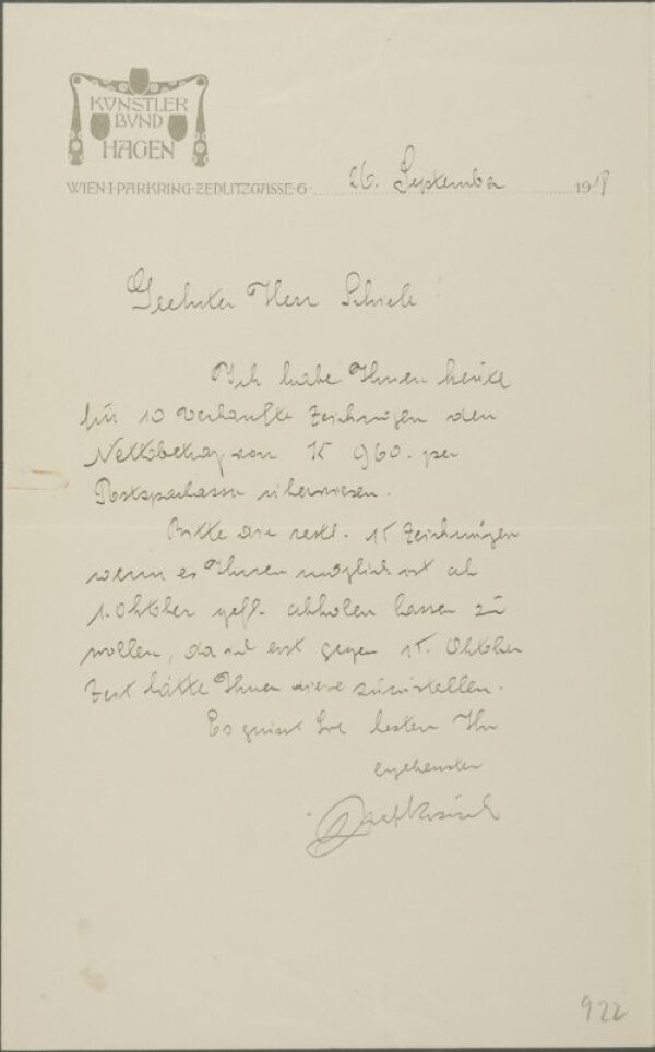 Brief von Josef Krzicek/Hagenbund an Egon Schiele 