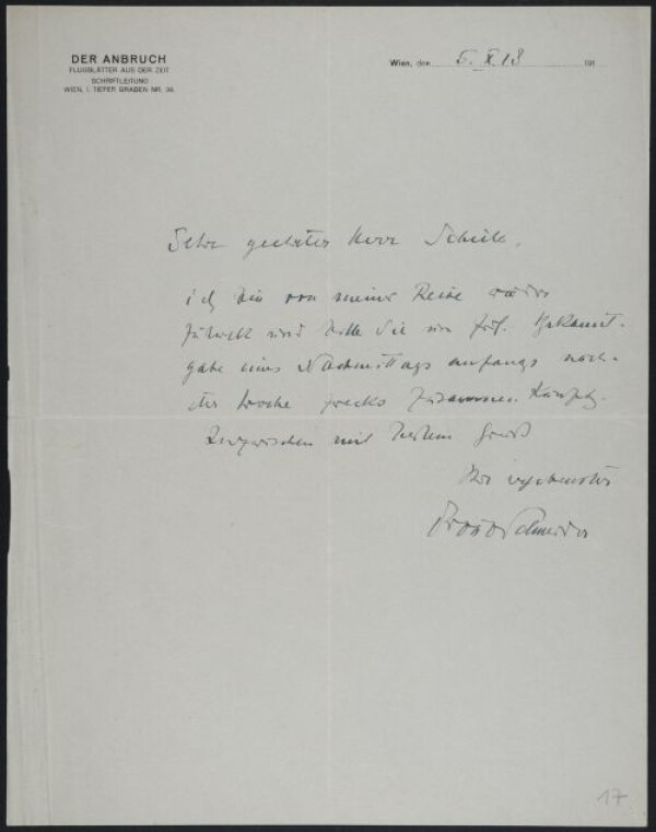 Brief von Otto Schneider/Der Anbruch an Egon Schiele 