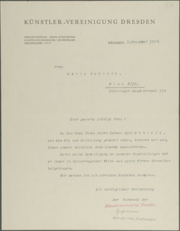 Maschinenschriftliches Kondolenzschreiben von Otto Gußmann/Künstlervereinigung Dresden an Marie Schiele zum Tod von Egon Schiele 