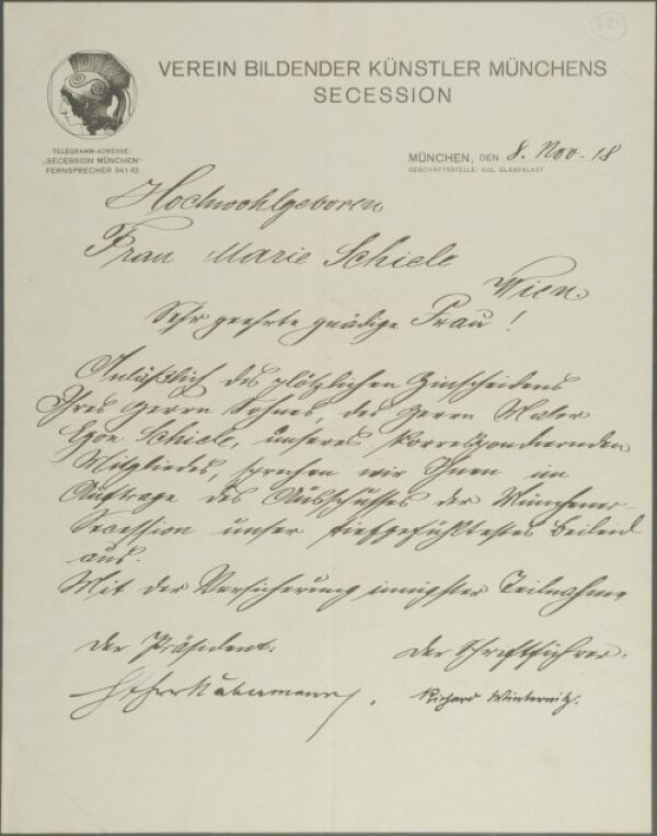 Kondolenzschreiben der Münchener Secession an Marie Schiele zum Tod von Egon Schiele 