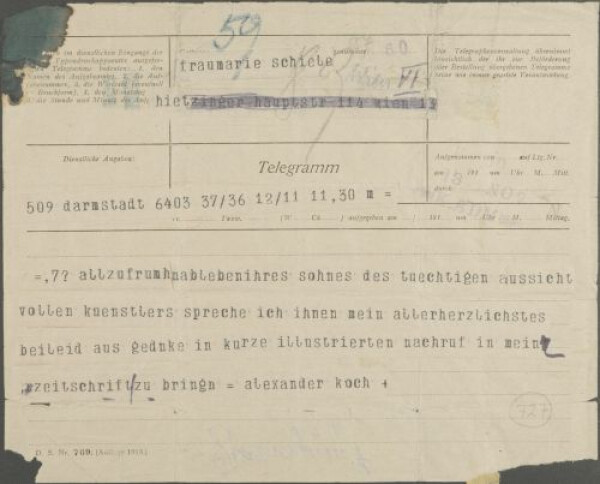 Letter of condolence (telegram) from Alexander Koch to Marie Schiele on Egon Schiele’s death 