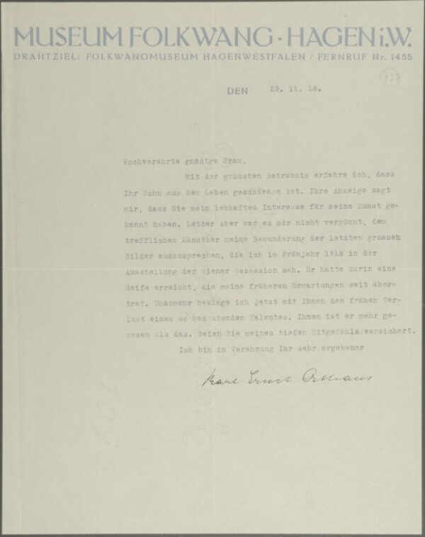 Maschinenschriftliches Kondolenzschreiben von Karl Ernst Osthaus/Folkwang Museum an Marie Schiele zum Tod von Egon Schiele 