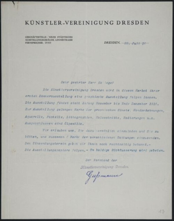 Maschinenschriftlicher Brief von Otto Gußmann/Künstlervereinigung Dresden an Egon Schiele 