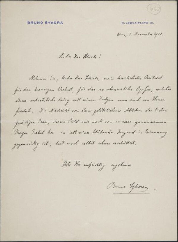 Kondolenzschreiben von Bruno Sykora an Egon Schiele zum Tod von Edith Schiele 