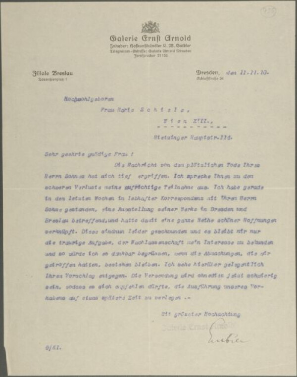 Maschinenschriftliches Kondolenzschreiben von der Galerie Ernst Arnold an Marie Schiele zum Tod von Egon Schiele 