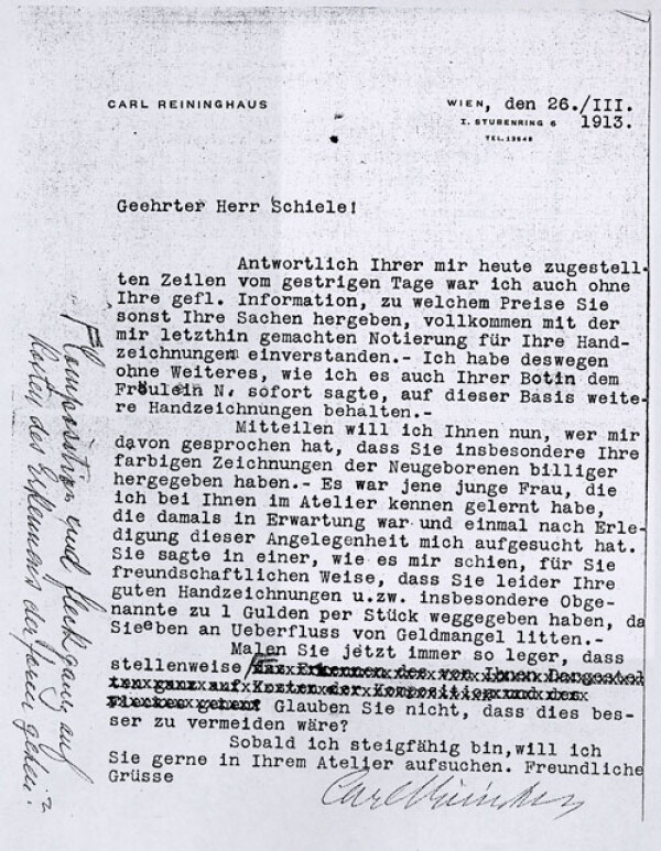 Maschinenschriftlicher Brief von Carl Reininghaus an Egon Schiele 