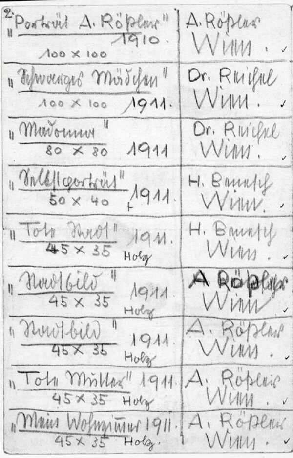 Liste von Egon Schiele mit einer Aufstellung von Gemälden und deren Besitzer*innen 1909–1914; mit Anmerkungen von Anton Peschka Bild 2