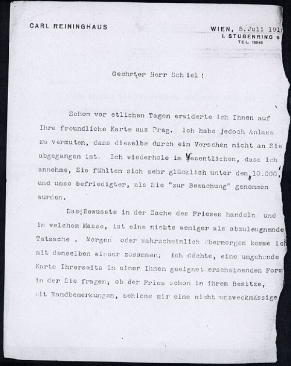 Maschinenschriftlicher Brief von Carl Reininghaus an Egon Schiele 