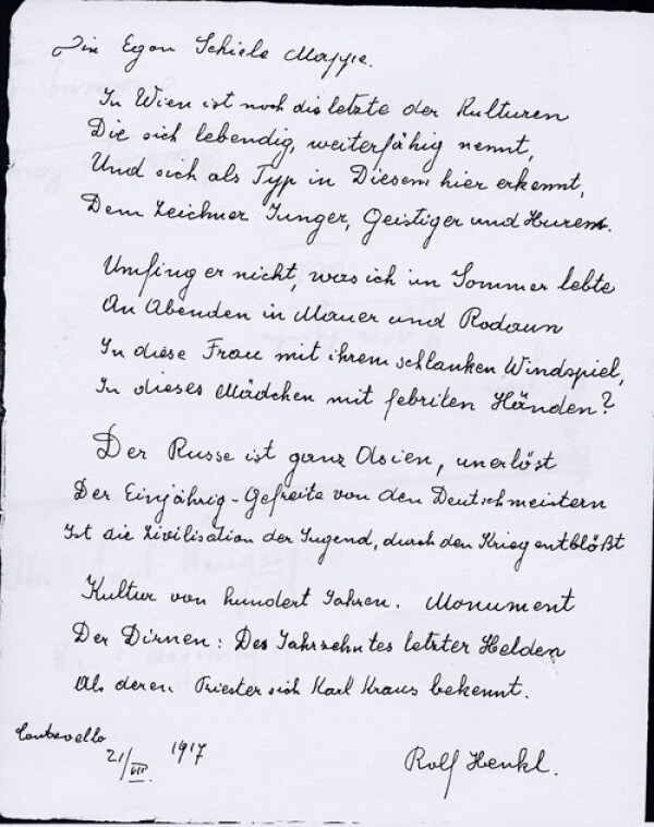 Gedicht von Rolf Henkl, adressiert von Paul Wengraf an Egon Schiele: „Die Egon Schiele Mappe“ 