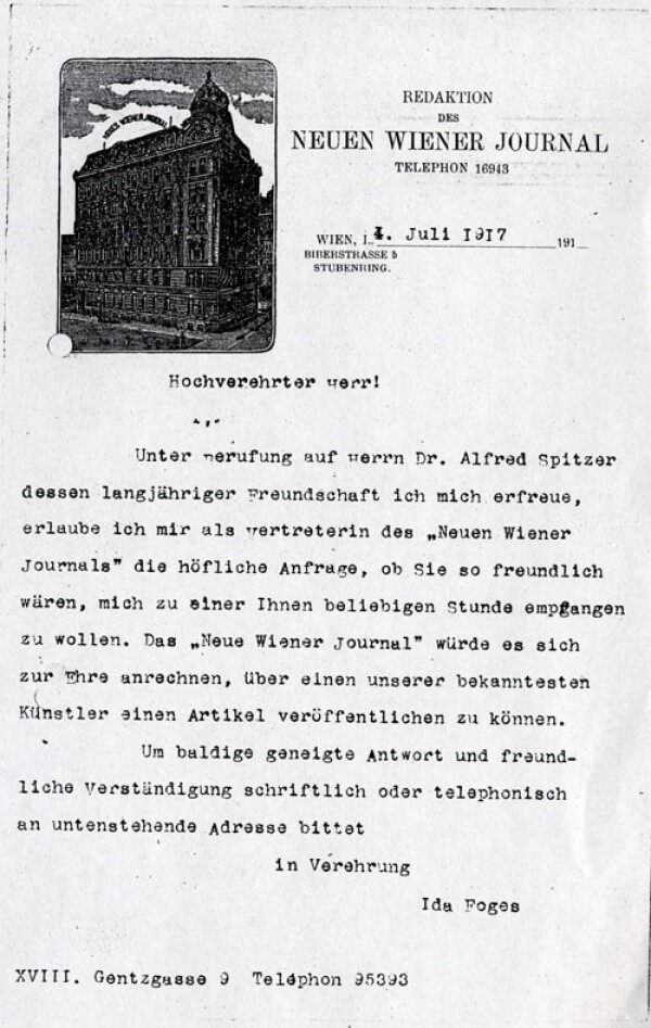 Maschinenschriftlicher Brief von Ida Foges an Egon Schiele 