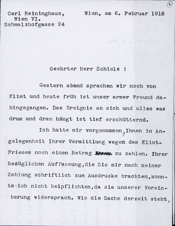 Maschinenschriftlicher Brief von Carl Reininghaus an Egon Schiele 