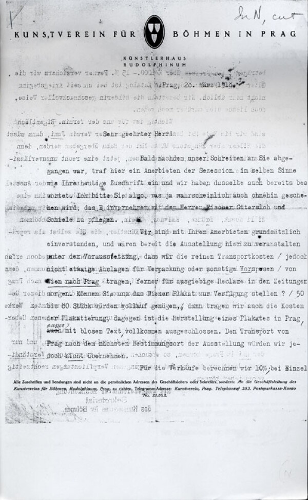 Maschinenschriftlicher Brief vom Kunstverein für Böhmen in Prag/Künstlerhaus Rudolphinum an Egon Schiele 