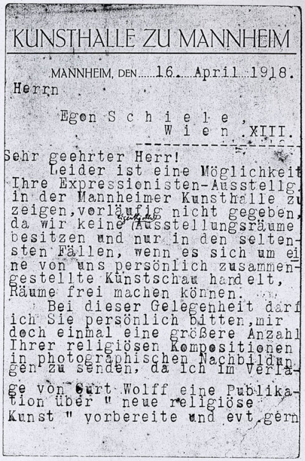 Maschinenschriftliche Postkarte von Gustav Friedrich Hartlaub/Kunsthalle Mannheim an Egon Schiele 