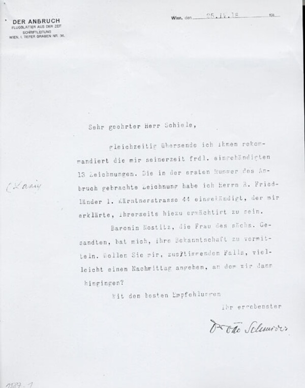 Maschinenschriftlicher Brief von Otto Schneider/Der Anbruch an Egon Schiele 