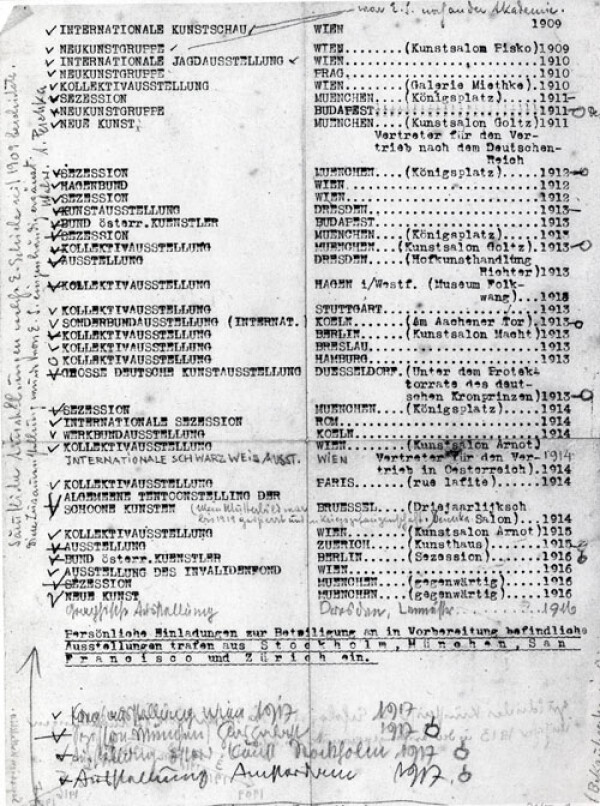 Maschinenschriftliche Liste von Egon Schiele über Ausstellungen (1909–1916) mit eigenh. Ergänzungen von Egon Schiele und Anton Peschka 