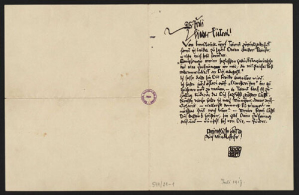 Brief von Egon Schiele an Alfred Pietras 