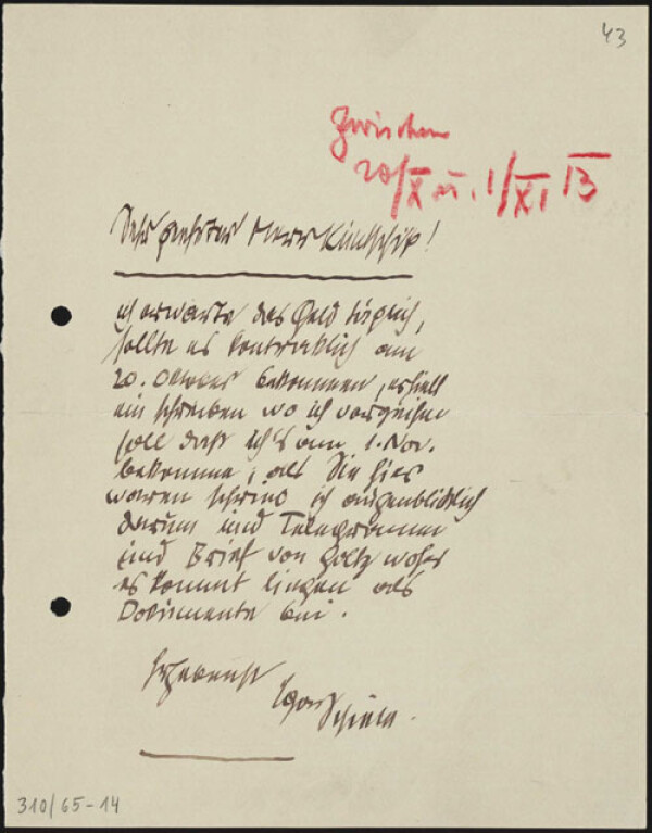 Brief von Egon Schiele an Moritz Otto Kuntschik 