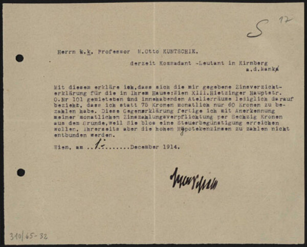 Maschinenschriftliche Bestätigung von Egon Schiele an Moritz Otto Kuntschik 