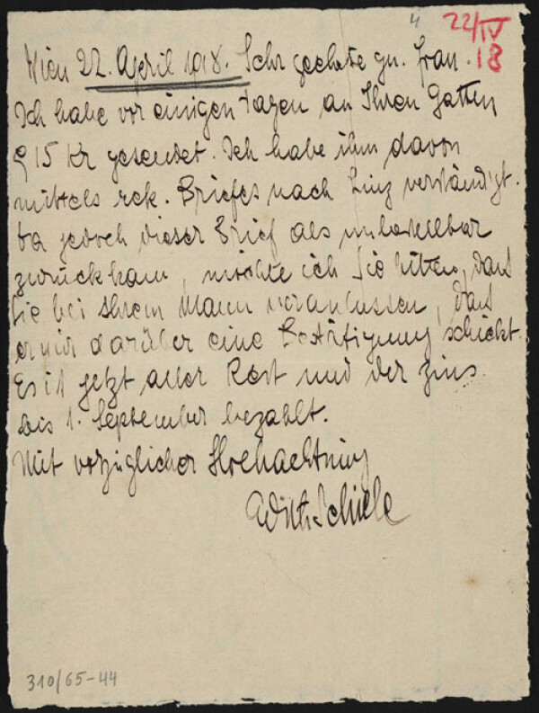 Brief von Edith Schiele an Rosa Kuntschik 