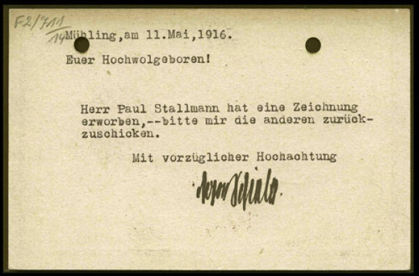 Maschinenschriftliche Postkarte von Egon Schiele an Karl Ernst Osthaus/Folkwang Museum 