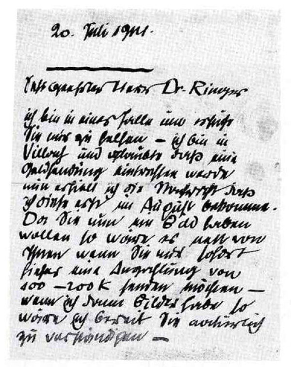 Brief von Egon Schiele an Heinrich Rieger 