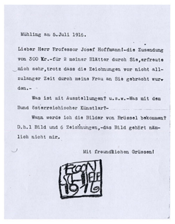 Maschinenschriftlicher Brief von Egon Schiele an Josef Hoffmann 