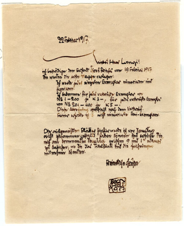 Brief von Egon Schiele an Richard Lányi 