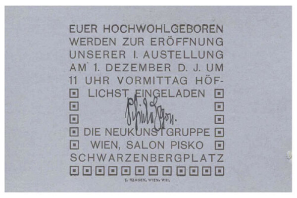 Einladungskarte von Egon Schiele für Wolfgang Pauker zur ersten Ausstellung der Neukunstgruppe im Salon Pisko 