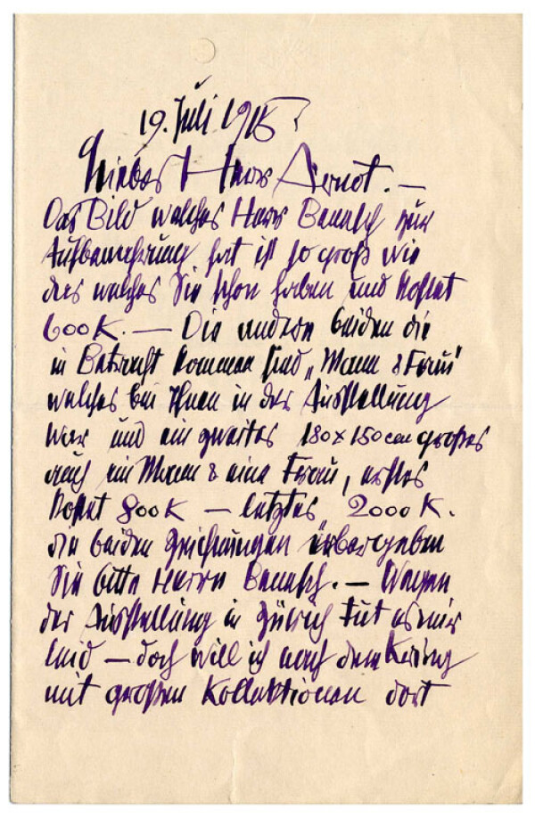 Brief von Egon Schiele an Guido Arnot 