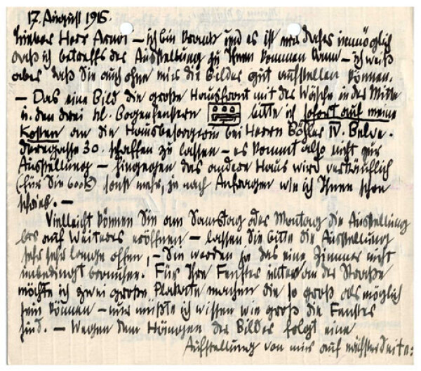 Brief von Egon Schiele an Guido Arnot mit einem Hängeplan für die Ausstellung 