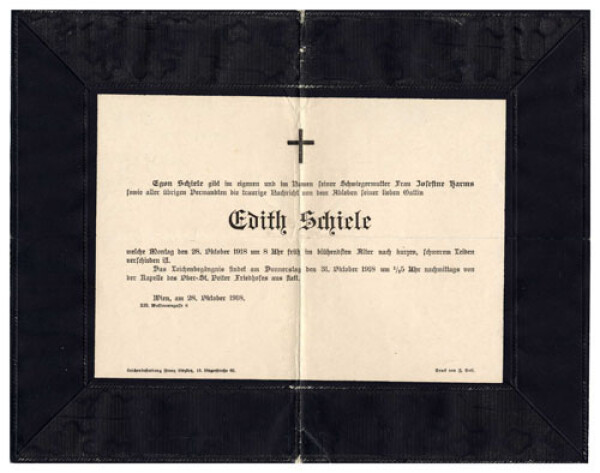 Death notice of Edith Schiele, addressed to Guido Arnot 