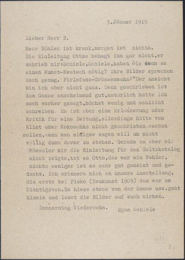 Brief von Egon Schiele an Heinrich Benesch 