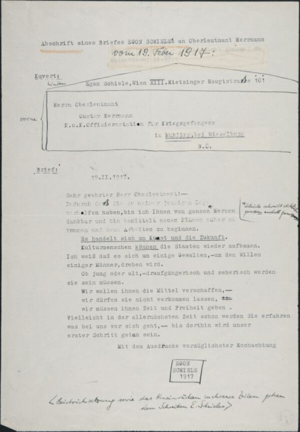 Brief von Egon Schiele an Gustav Herrmann 