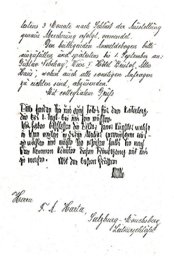 Brief von Egon Schiele und der Kunsthandlung Gustav Nebehay, Sekretariat, an Felix Albrecht Harta 