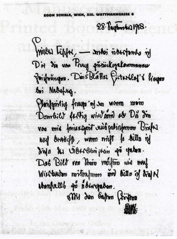 Brief von Egon Schiele an Johannes Fischer 