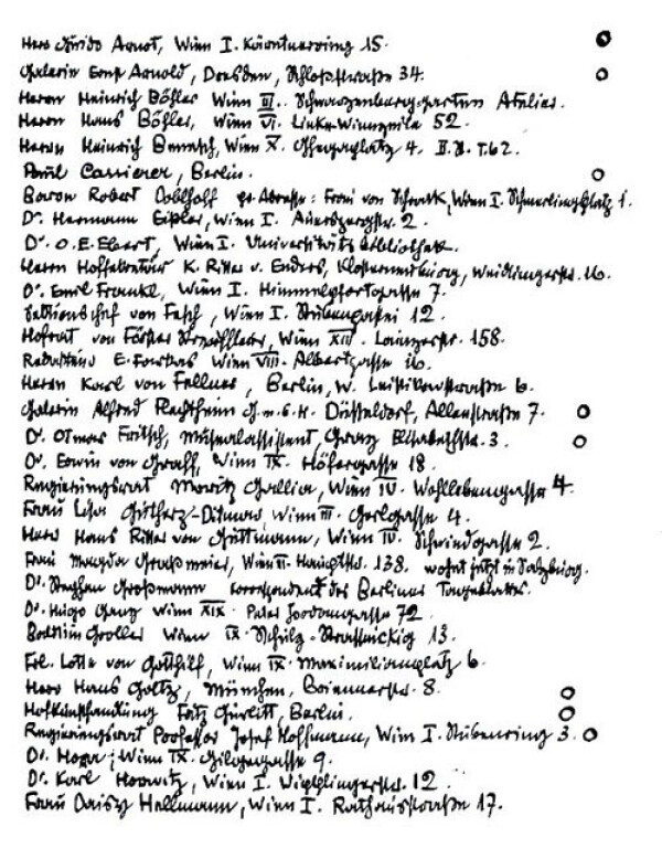 Liste von Egon Schiele mit Adressen von Freund*innen und Bekannten 