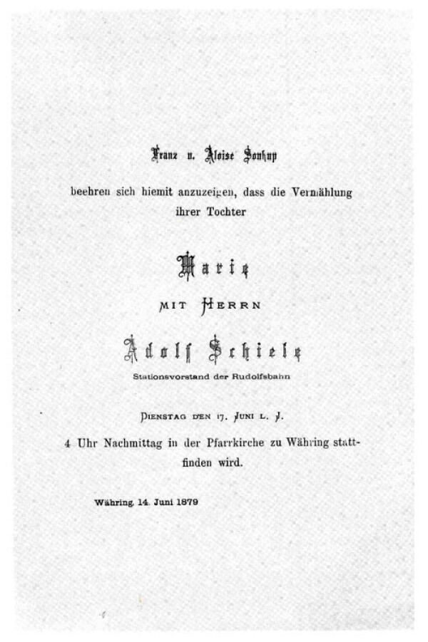 Vermählungsanzeige von Adolf Schiele und Marie Soukup 