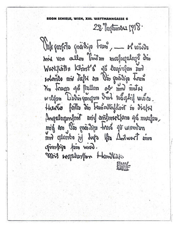 Brief von Egon Schiele, vermutlich an Helene Hermann 