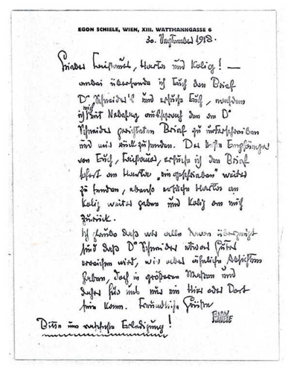 Brief von Egon Schiele an Anton Faistauer, Felix Albrecht Harta und Anton Kolig 