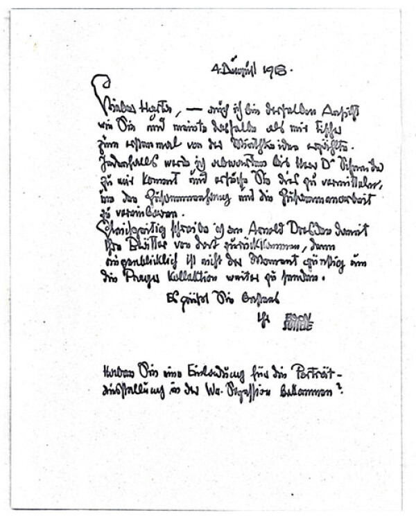 Brief von Egon Schiele an Felix Albrecht Harta 