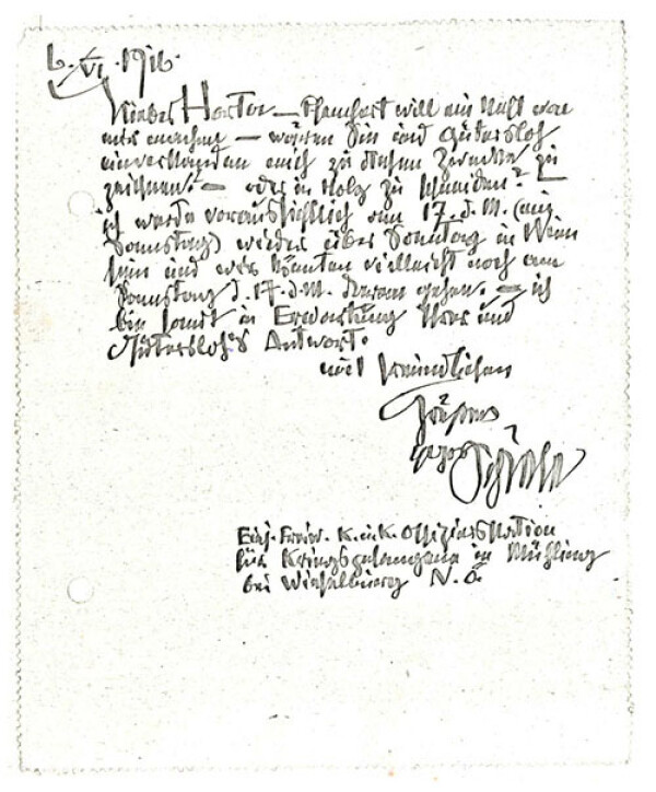 Brief von Egon Schiele an Felix Albrecht Harta 