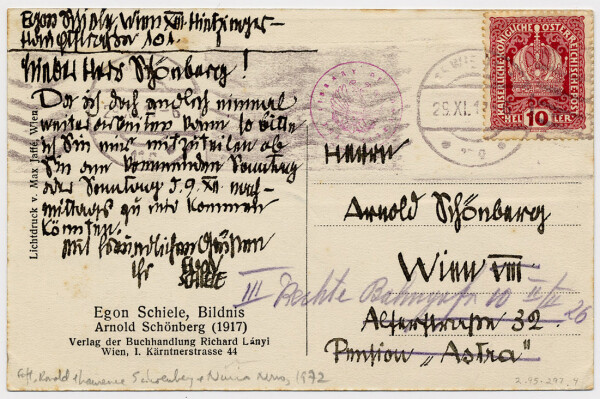 Postkarte von Egon Schiele an Arnold Schönberg 