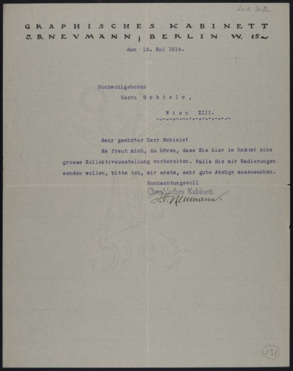 Maschinenschriftlicher Brief des Graphischen Kabinetts Israel Ber Neumann, Berlin an Egon Schiele 