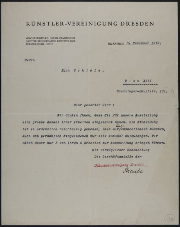 Maschinenschriftlicher Brief der Künstlervereinigung Dresden an Egon Schiele 