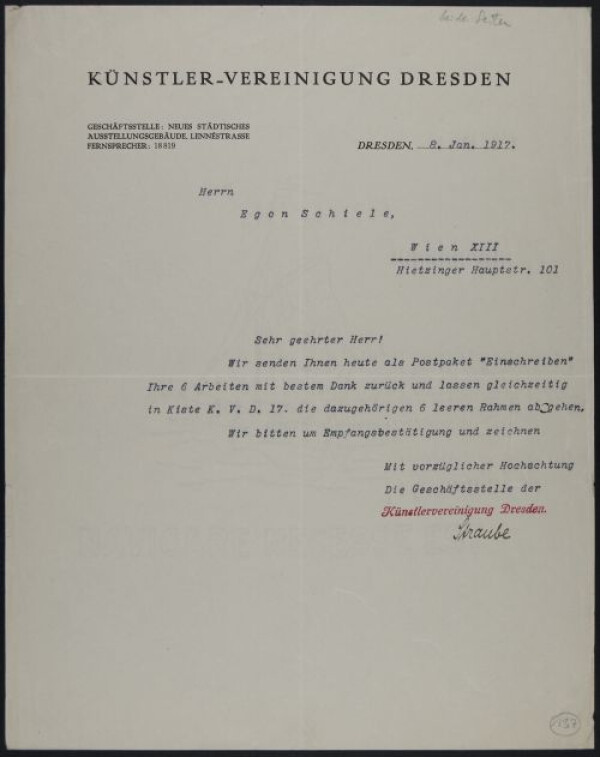 Maschinenschriftlicher Brief von Herrn Straube/Künstlervereinigung Dresden an Egon Schiele 