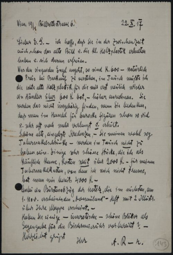 Brief von Arthur Roessler an Egon Schiele 