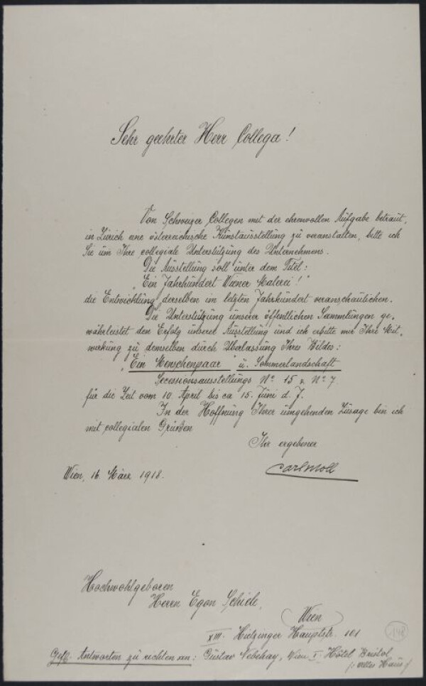 Brief von Carl Moll an Egon Schiele, geschrieben von der Sekretärin von Gustav Nebehay 