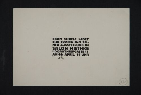 Einladung der Galerie Miethke zur Ausstellung von Egon Schiele mit eigenhändiger Datumskorrektur von Egon Schiele 