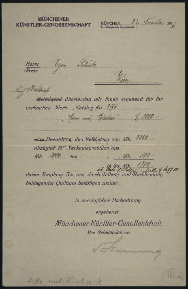 Bestätigung der Münchener Künstlergenossenschaft an Egon Schiele mit eigenh. Notizen von Egon Schiele 